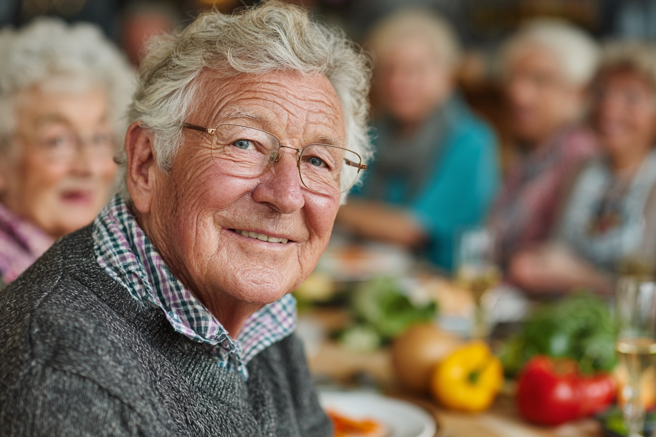Seniori bucurându-se de o masă sănătoasă